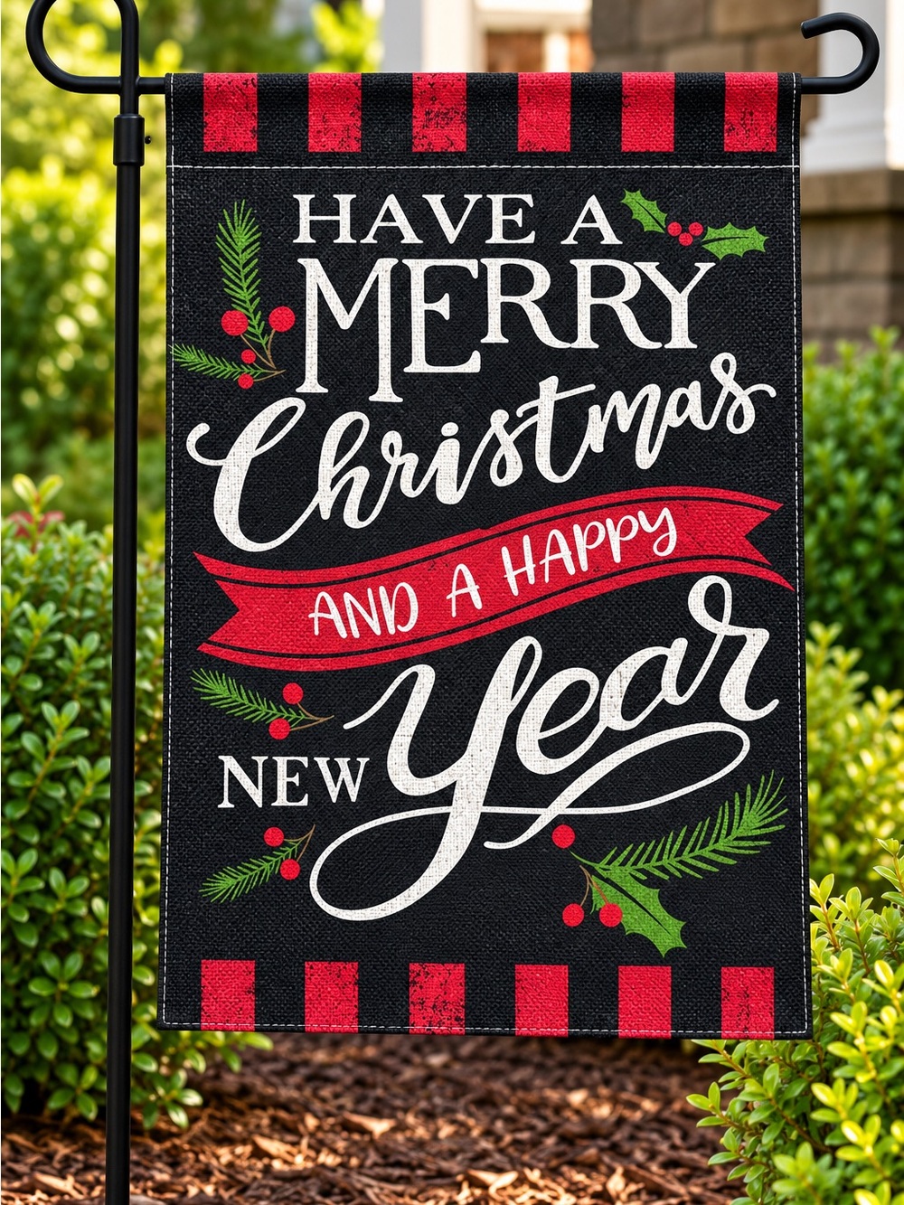 NWTMerry Christmas and Happy New Year Black Plaid Garden Flag